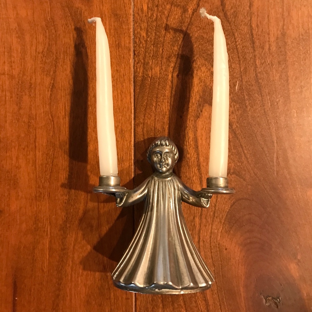 VINTAGE ITALIAN PEWTER CHOIR BOY/CHRISTMAS ANGEL DUAL CANDLE HOLDER SMALL FIGURE